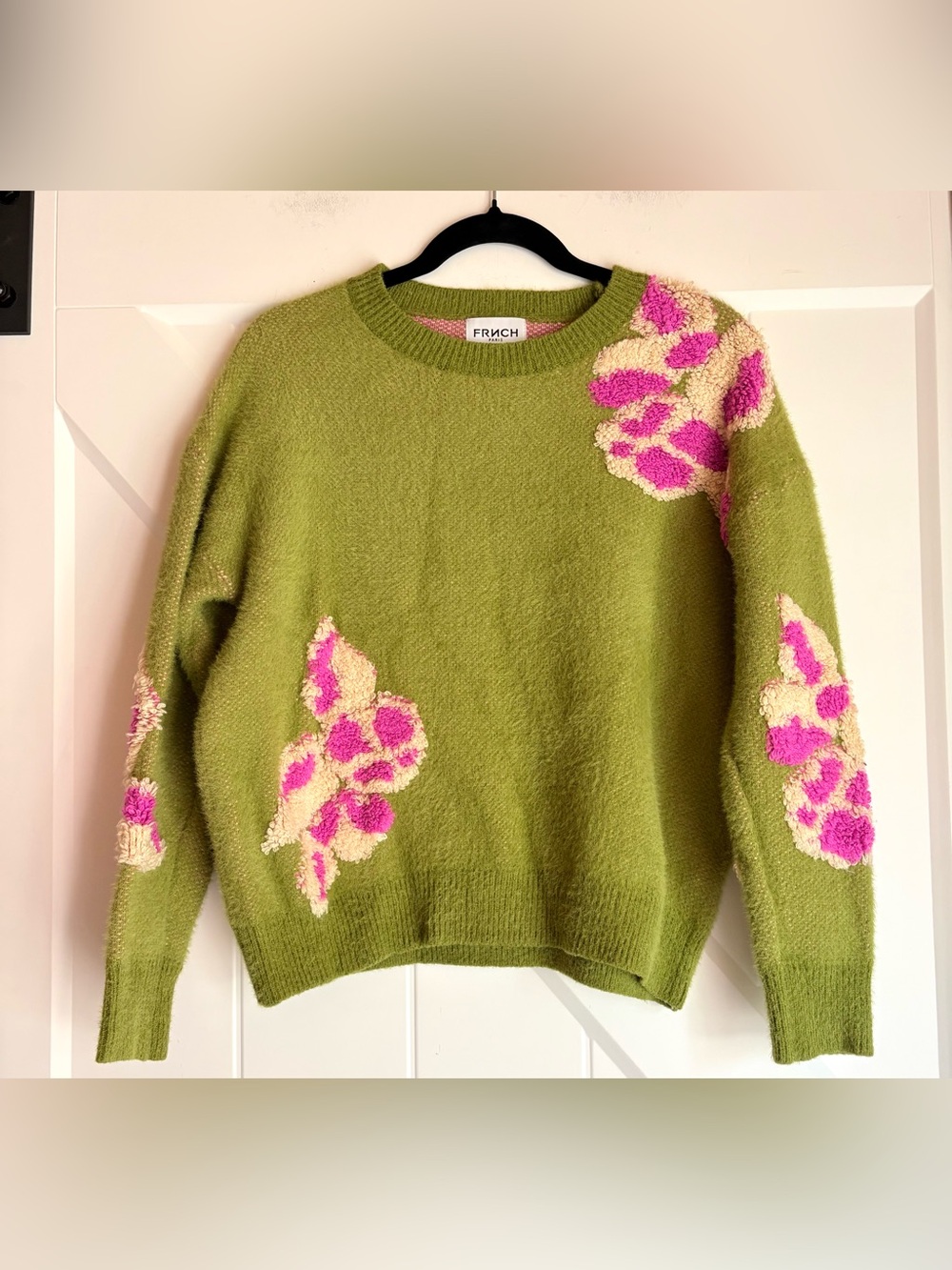 FRNCH Paris Fuzzy Floral Appliqué Sweater Green Pink Small